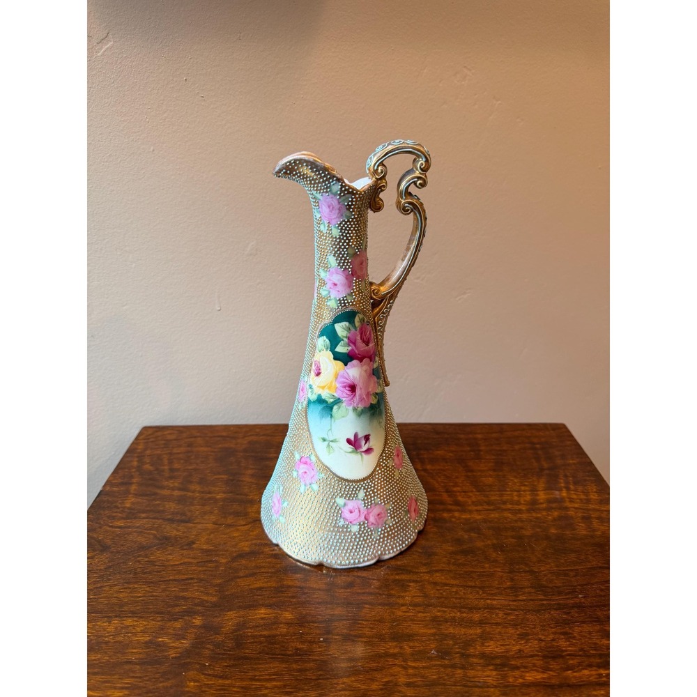 Antique Nippon Ewer Floral With Enamel Beading Vase Pitcher
